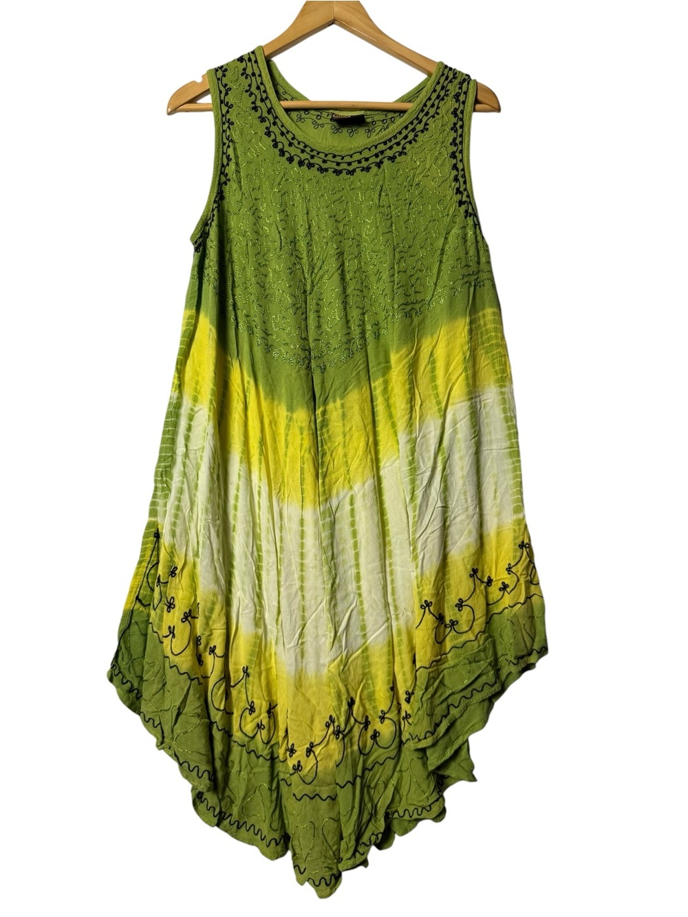 Green & Yellow Tie-Dye Embroidered Sleeveless Dress by Rima Beachworld ONE SIZE